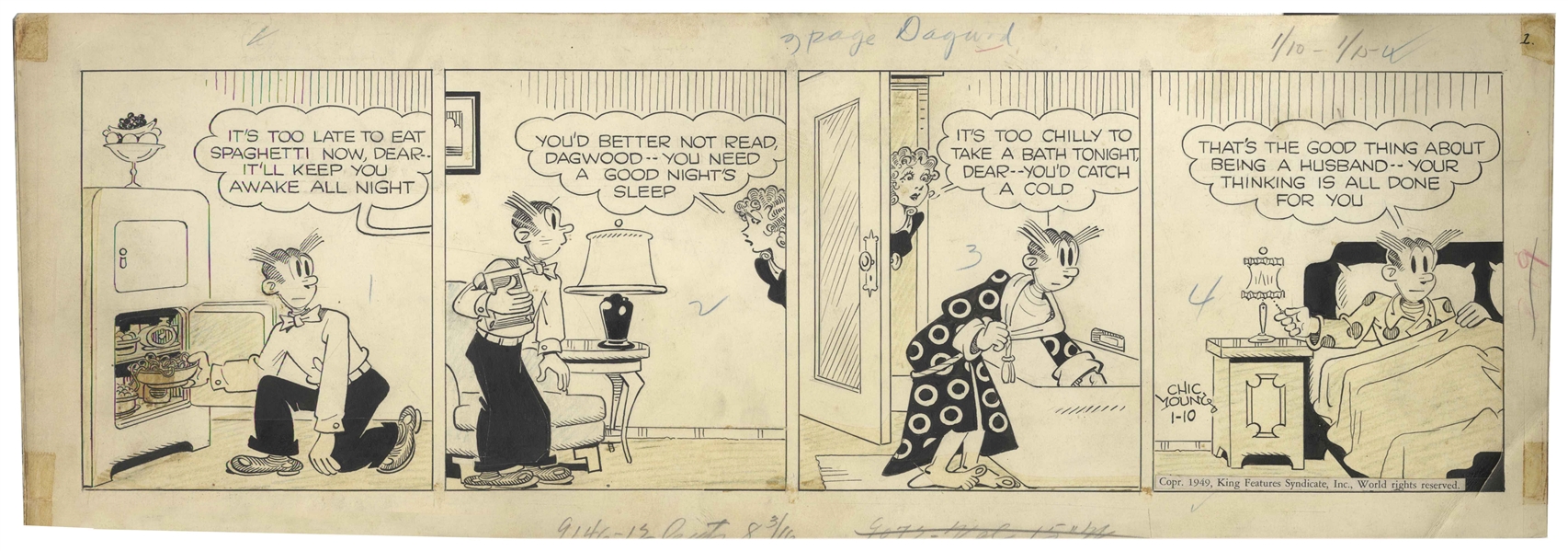 Chic Young Hand-Drawn ''Blondie'' Comic Strip From 1949 Titled ''No Wonder His Brain Is Sluggish!'' -- Blondie Worries About Dagwood a Little Too Much